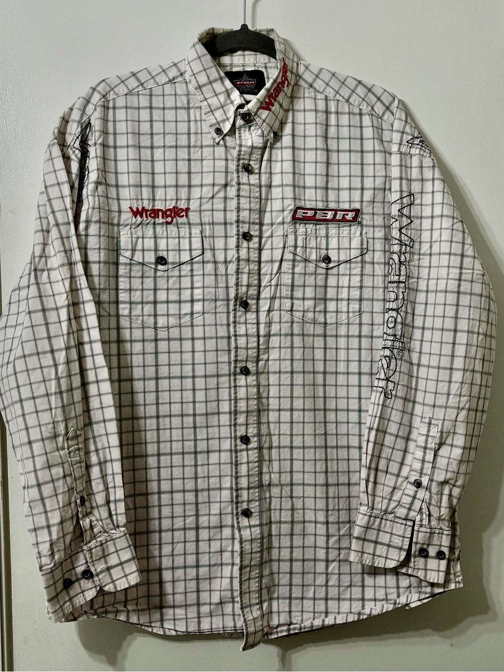 Wrangler Men’s White Grid Button-Down Shirt with Red Embroidery